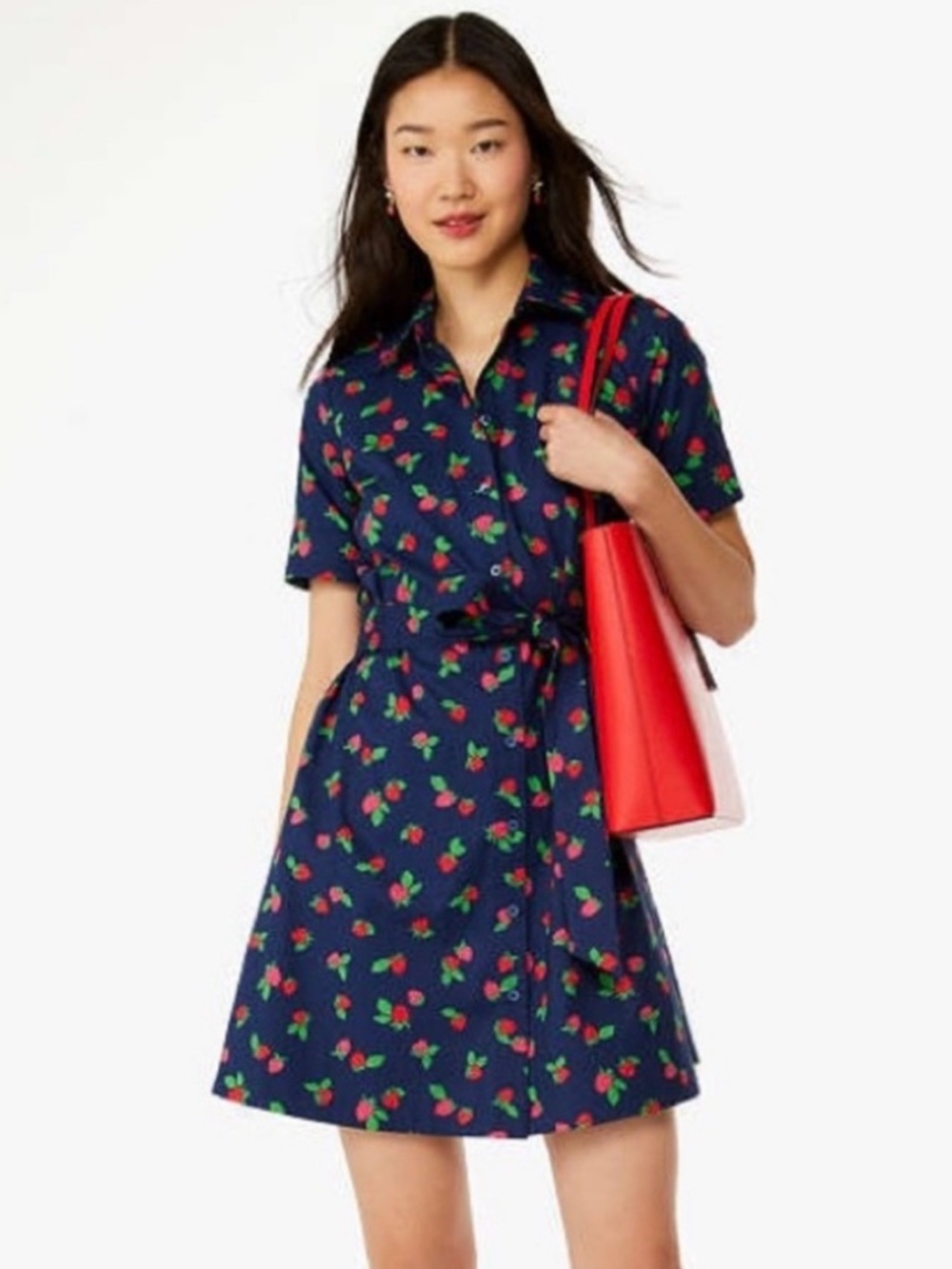 ✨ NWT Kate Spade Tossed Strawberry 🍓 COTTON Shirtdress in French Navy - Size M
